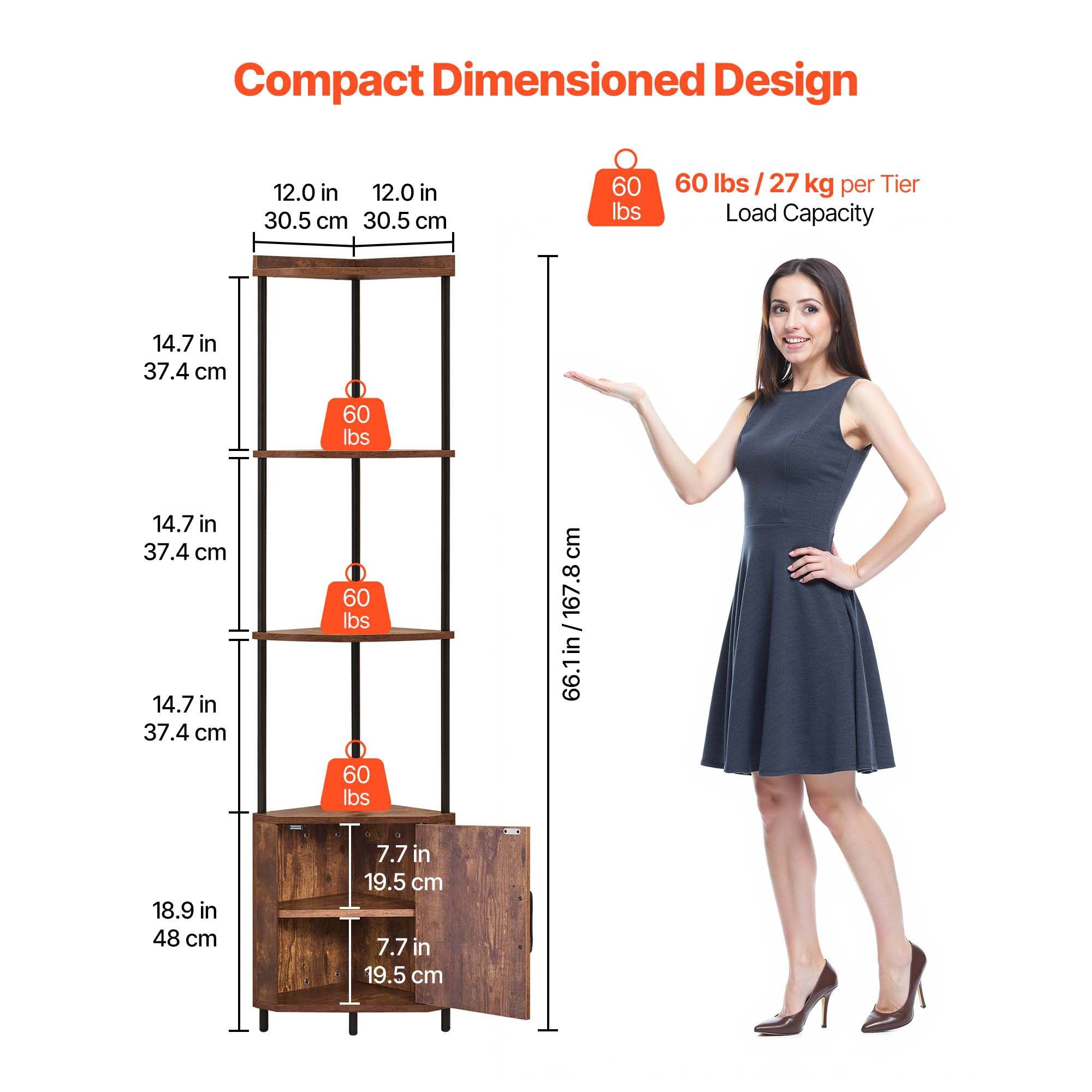 KFFKFF 5-Tier Corner Shelf with LED Lighting, 65.4" Tall Storage Unit with Cabinet, Multi-Color Display Controlled by Remote or App for Bedroom, Living Room, or Office