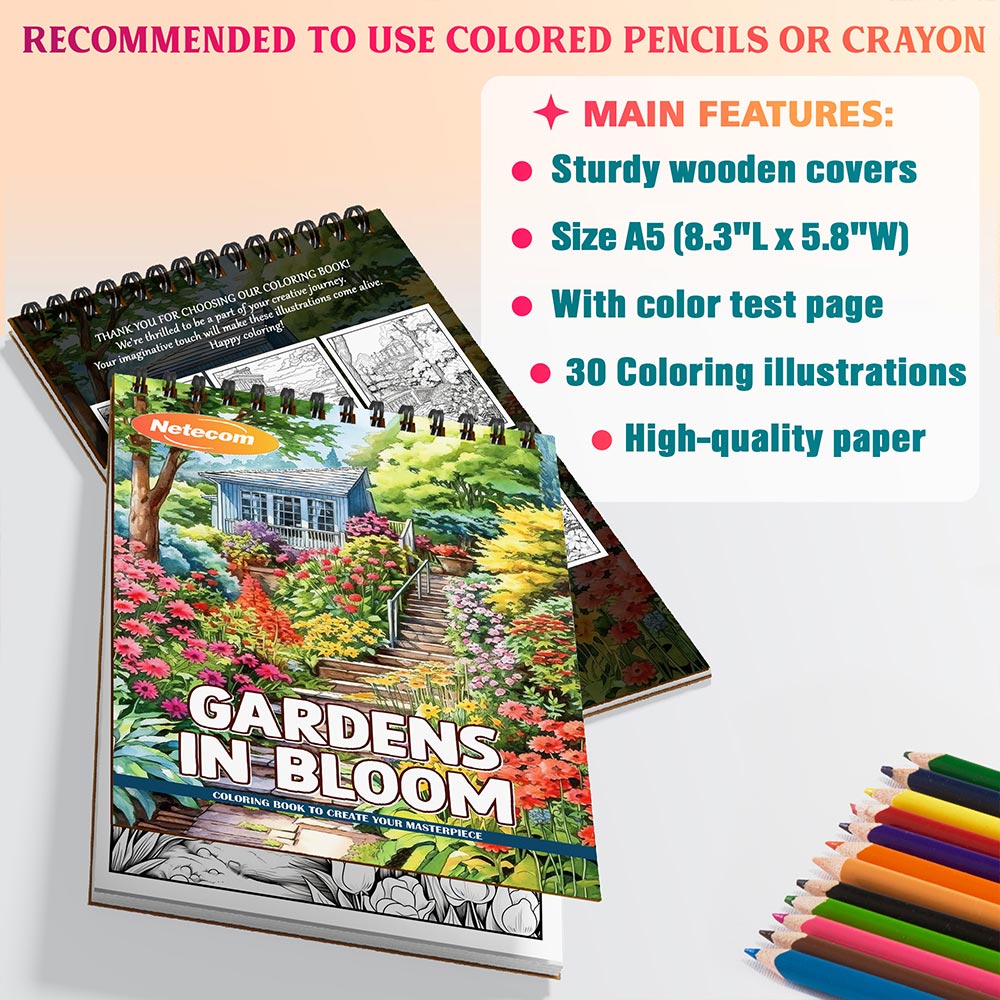 Gardens in Bloom Coloring Book Spiral Bound For Adults, A5 Wooden Cover, 30 Serene Coloring Pages of Blooming Flowers and Tranquil Landscapes for Stress Relief and Relaxation