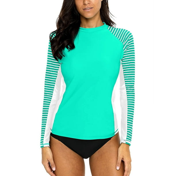Charmo Women's Long Sleeve Rashguard UPF 50 Sun Protection Swimsuit Top Striped Swim Shirts