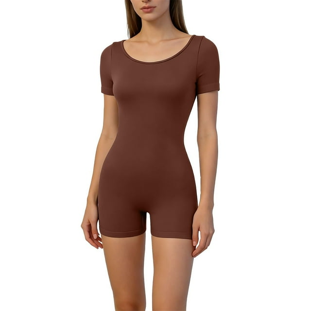 Yigetop Combinaison de Sommeil Extensible Col Rond Manches Courtes Côtelée Ajustée Confortable Quotidienne Décontractée Maison & Extérieur Pyjama Combinaison Café L