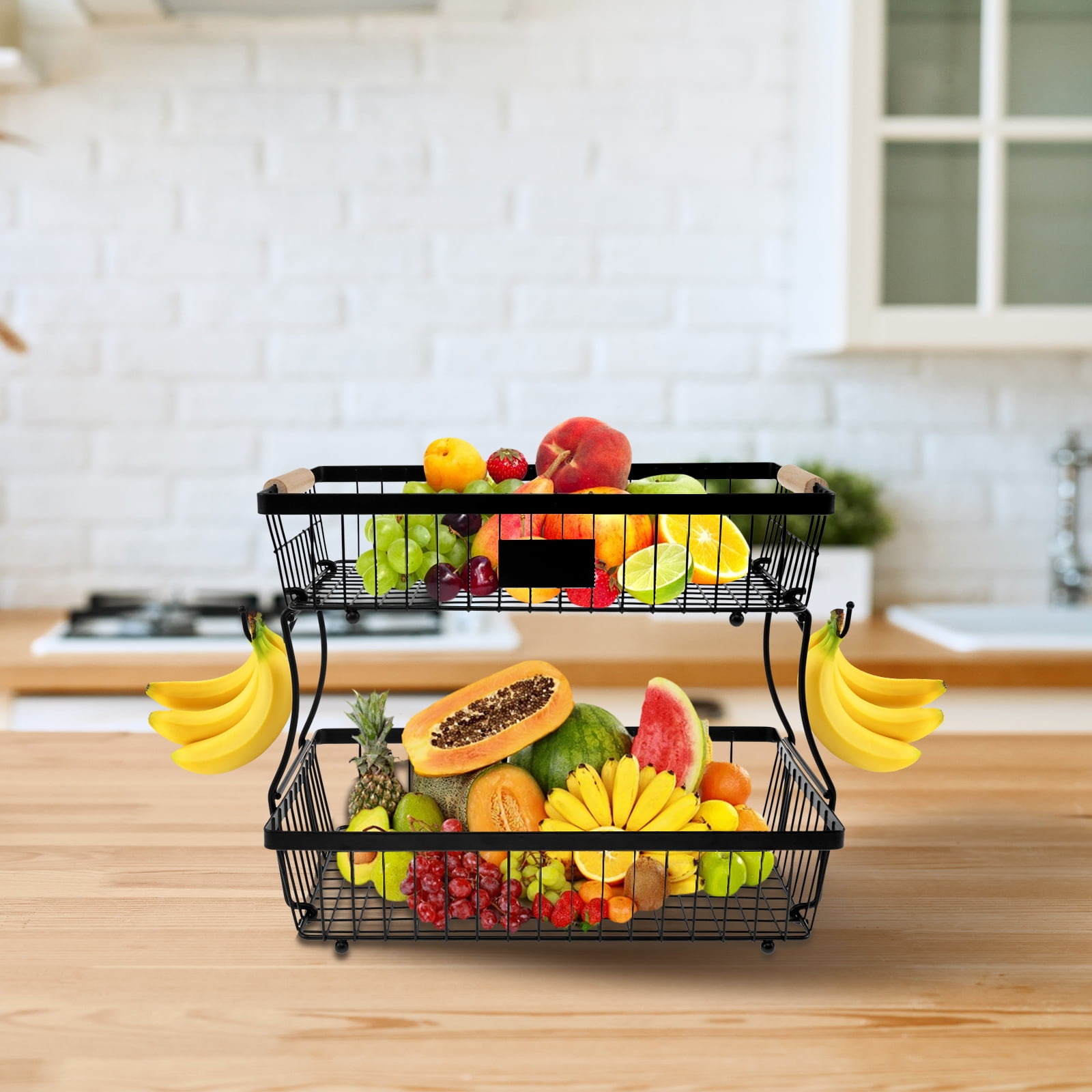 2 Tiers Fruit Basket with 2 Banana Hangers and Wood Handles Detachable Fruit Holder Multifunctional Fruit Rack Kitchen Countertop Rack for Vegetable Fruits Black