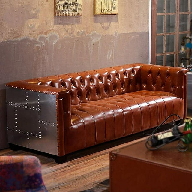 Aluminum Aviator Three Seater Sofa, Real Leather and Aluminum
