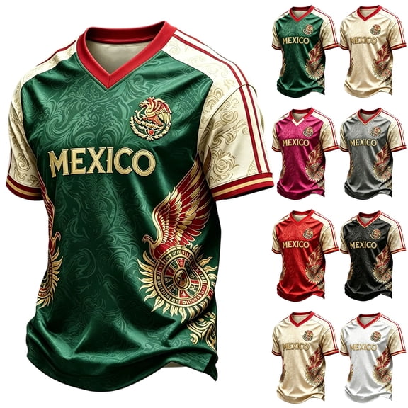 Mexican Soccer Fan Jersey – Green & White Graphic Tee, V‑Neck Breathable Athletic Top for Match Day, S-XXL Beige L