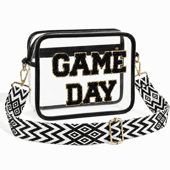 Black Game Day Clear Bag, Stadium Approved Crossbody Purse for Women with Textured GAME DAY Letters, Small Stadium Bag for Concerts & Sports
