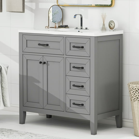 36 inch bathroom vanity with sink combination, gray bathroom cabinet, ample storage space, with drawers, solid frame and MDF, sturdy and durable