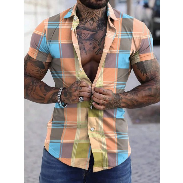 Chemise Décontractée à Manches Courtes à Carreaux Colorés pour Hommes Été