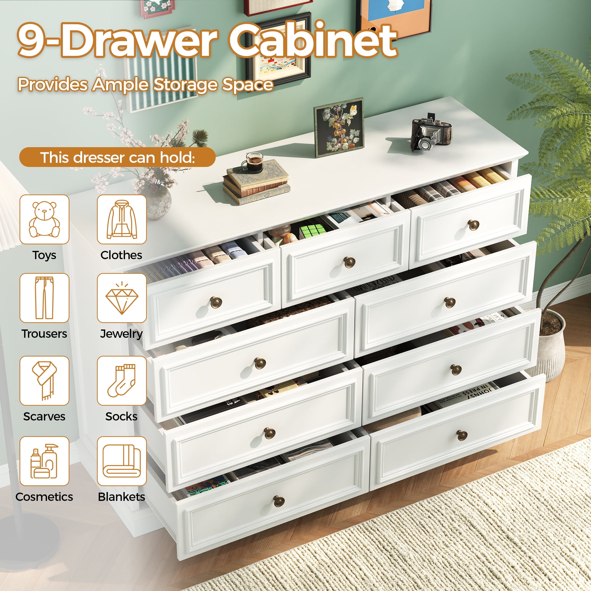 9 Drawer Dresser for Bedroom, Wood Chest of Drawers, Rustic-Style Dresser with Metal Handles, Tall Storage Dresser Organizer, White