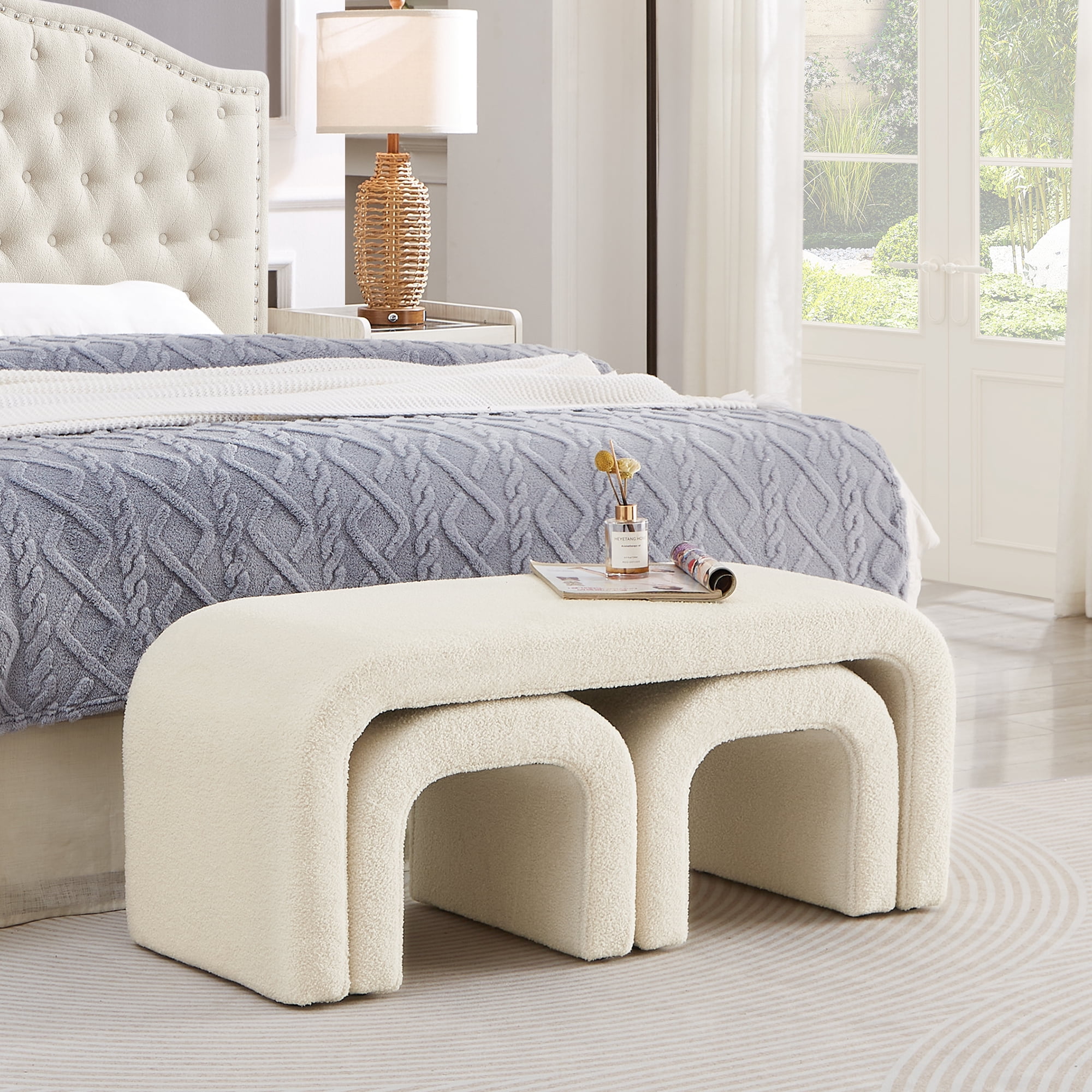 3-Piece Ottoman Bench Set, 44" Upholstered End of Bed Bench with 2 Nesting Stools, Teddy Fabric Entryway Bench, Modern Footrest & Extra Seating for Living Room Bedroom,White