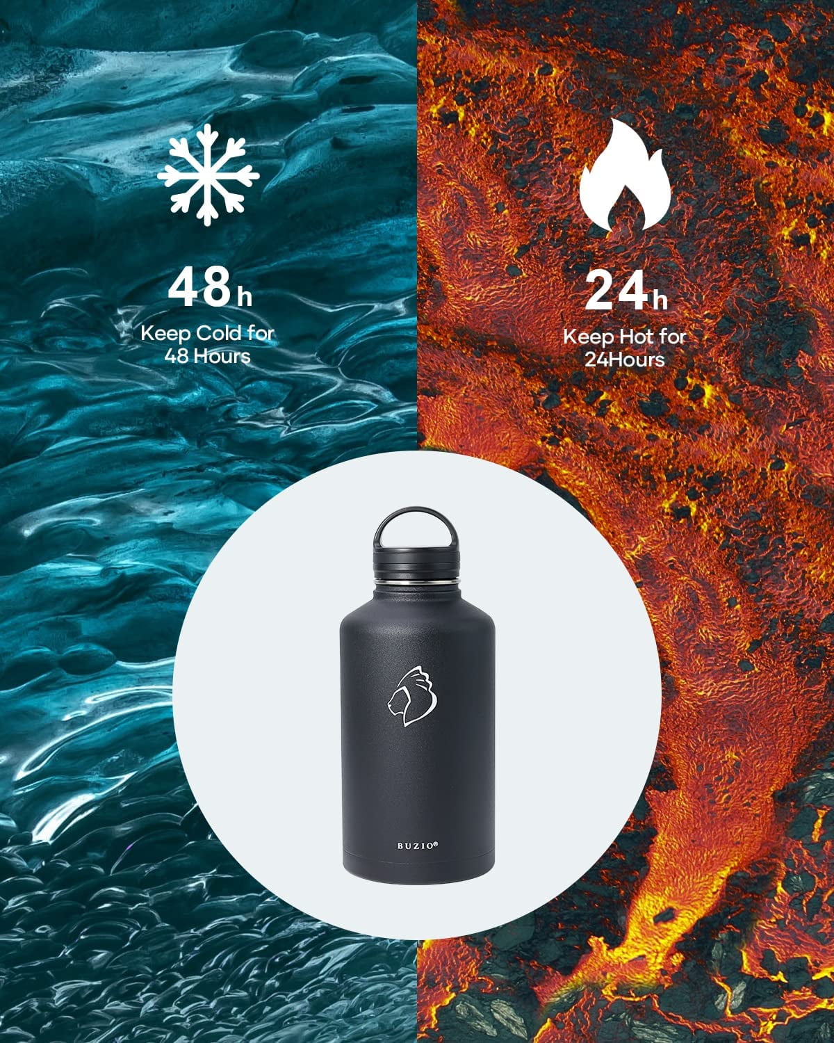 Buzio 64 oz Insulated Water Bottle with Straw & 3 Lids, Half Gallon Water Bottle Stainless Steel with Carrying Strap for Gym Sports Outdoor Hiking, Magic Black