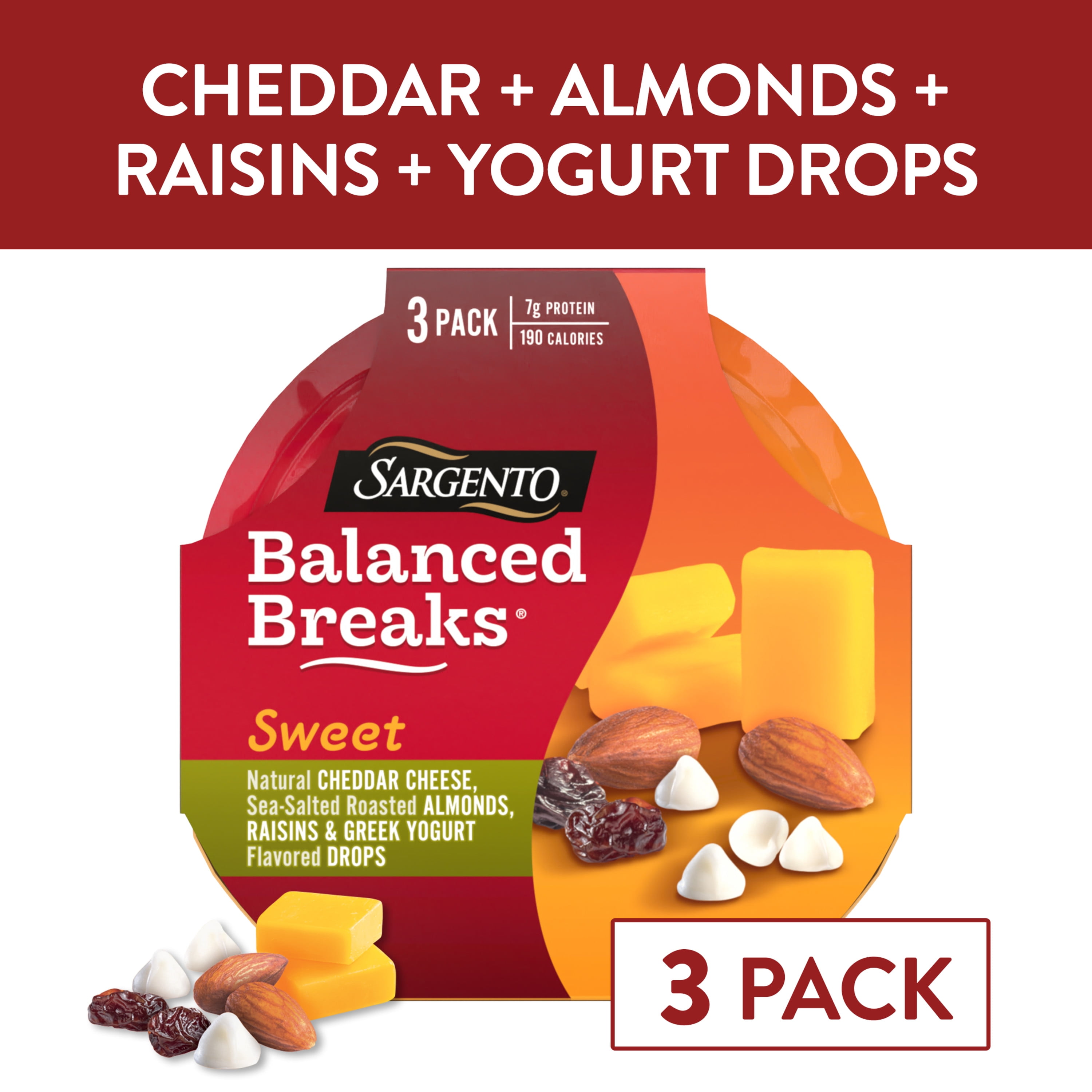 Sargento® Sweet Balanced Breaks® Natural Cheddar Cheese, Sea-Salted Roasted Almonds, Raisins and Greek Yogurt Flavored Drops, 3-Pack