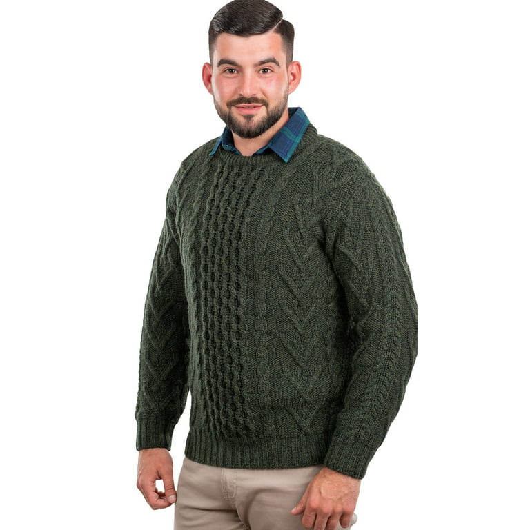 Saol 100% Merino Wool Men's Aran Cable Knit Irish Sweater Fisherman Pullover, Size: 3XL, Green