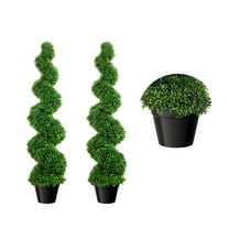 35.4 Inch Artificial Boxwood Spiral Topiary Trees, Set of 2, Decorative Faux Twisted Trees, Fake Greenery Plants with PE Leaves, All-Year Green in Cement-Filled Plastic Pot for Outdoor, Yard, Garden