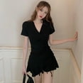 thumbnail image 3 of CNKOO Ladies Summer Style Korean Sexy Slim Solid Color Drawstring Pleated Design V-Neck Short-Sleeved Dress, 3 of 9