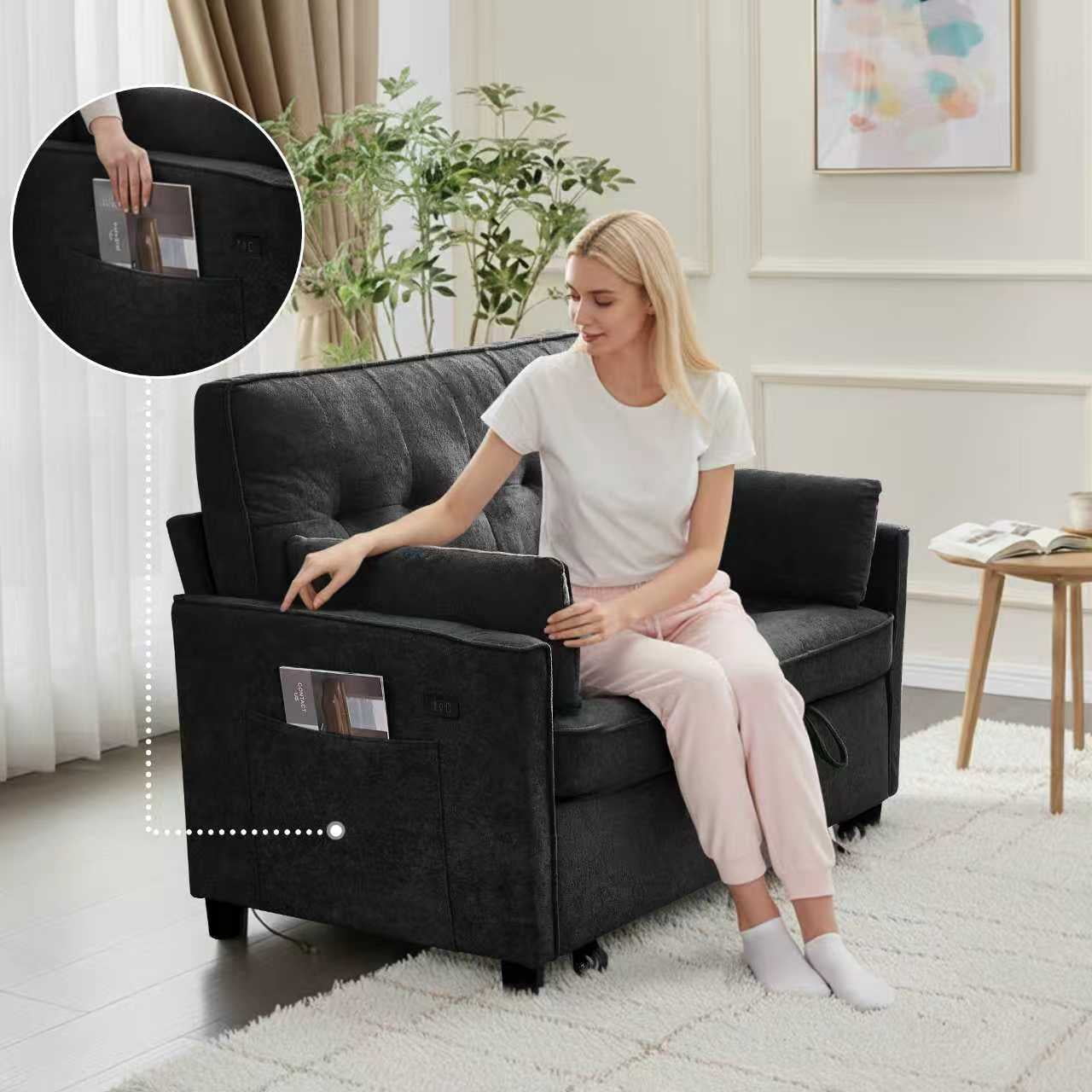 Howcool 55" Convertible Sofa Bed 3-in-1 Pull Out Sleeper Loveseat Couch with Adjustable Backrest, USB Ports, Side Pockets, Easy Assembly for RV Apartment Living Room(Black)