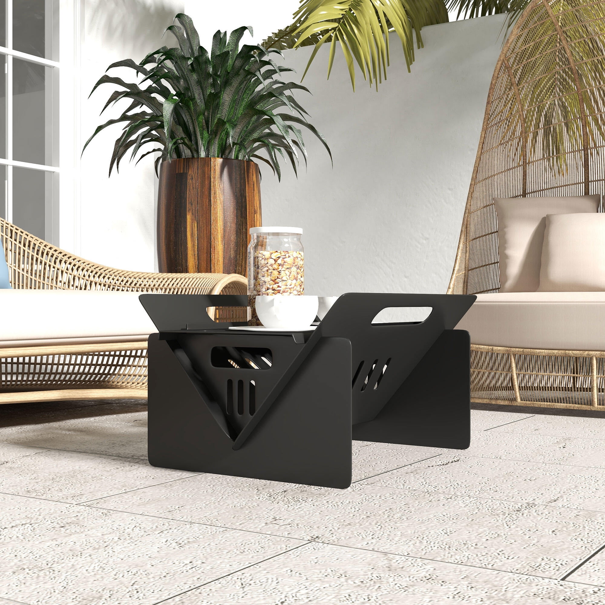 3-in-1 Portable Fire Pit & Coffee Table, Wood Burning Stove with Carrying Bag for Camping, Backyard, Patio - Quick Assembly, Black Steel
