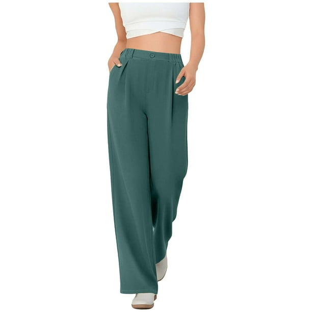 Amzcrzy Pantalones Vestir Mujer Color Liso S-2XL - Cintura Alta Elástica, Pliegues Frontales, Sin Cremallera, Bolsillos, Para Trabajo Verde