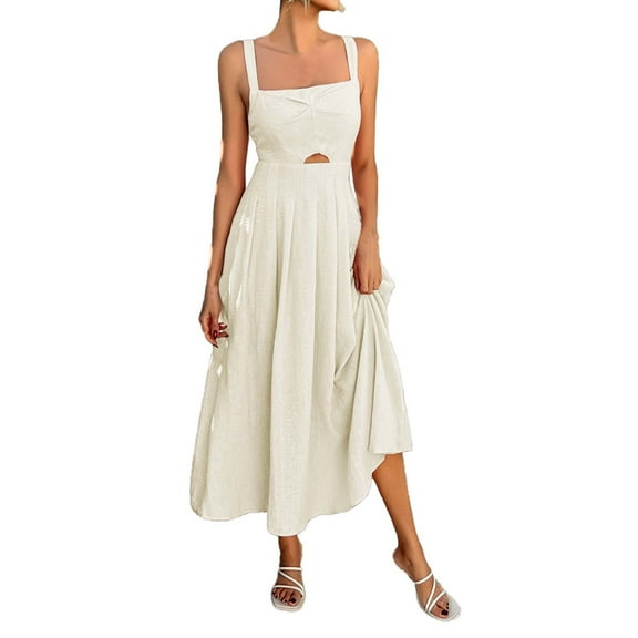 MIXUE Summer Dresses for Women Solid Color Leisure Elegant High Waisted Maxi Casual Dress Outwear,Beige,XXL