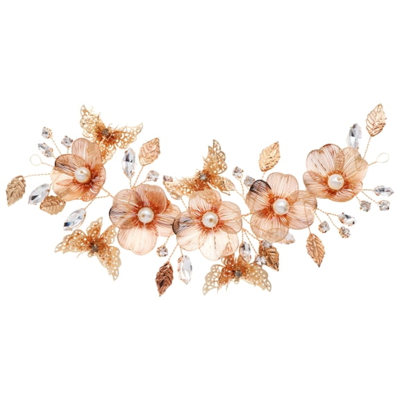 Gold Wedding Hair Comb, Vintage Flower Hairband with Rhinestones, Pearl Bridal Hair Accessories for Women, 7.67 in / 19.5 cm