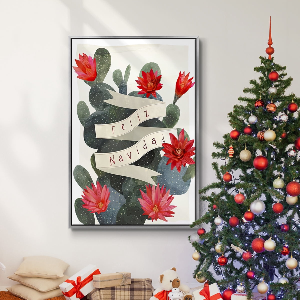 Desert Christmas Cactus I - Framed Gallery Wrapped Holiday Canvas - 25 x 37 - Silver Frame