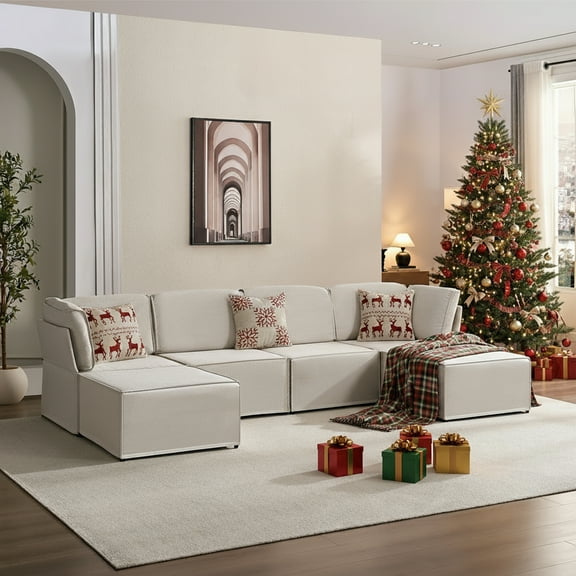 ZAFLY U Shaped Modular Sectional Sofa Couch, Convertible L Shaped Couch Sofa, Queen Sleeper Sofa Bed, Variable Modular Oversized Couch for Living Room (Beige)