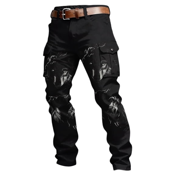 CONZONE Mens Baggy Cargo Pants Wide Leg Pants for Men Trendy Buttons Viking Mythology Graphic Y2K Soft Casual Joggers With Pocket
