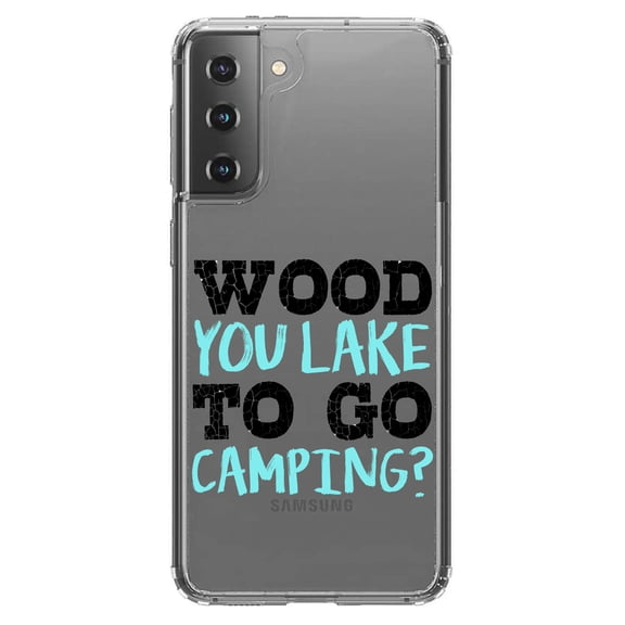 DistinctInk Clear Shockproof Hybrid Case for Galaxy S21 5G (6.2" Screen) - TPU Bumper Acrylic Back Tempered Glass Screen Protector - Wood You Lake to Go Camping