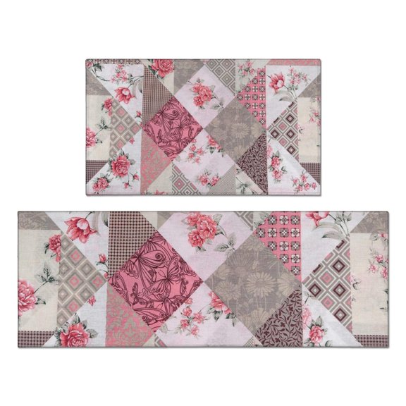 Pioneer Flower Floral Print Pattern Kitchen Rugs Sets Of 2,Anti Fatigue Kitchen Mat Rugs Non Slip Washable,Decorative Kitchen Floor Mats for Kitchen,Sink,Laundry,17"x30" 17"x47"