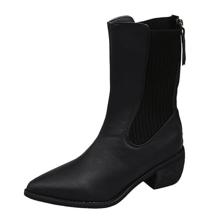 

ZHAGHMIN Black Heel Boots For Women Fashion Women Artificial Leather Solid Color Autumn Thick Sole Square Heels Zipper Mid Booties Pointed Toe Shoes Womens Knee High Boots Wide Calf Leather Wide Cal