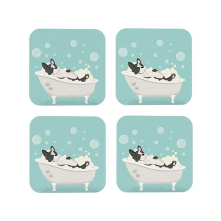 

Fuzoiu French Bulldog Taking a Bath Print Leather Coasters Set Drink Coasters Set of 4 for Tabletop Protection Durable PVC Coasters Home Décor and Housewarming Gift-Square