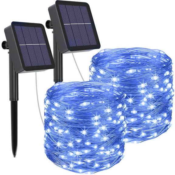 2-Pack Blue Solar String Lights Outdoor Waterproof, Each 33 ft 100 LED Solar Fairy Lights for Outdoor Garden Fence Patio Tree Party Wedding Decorative