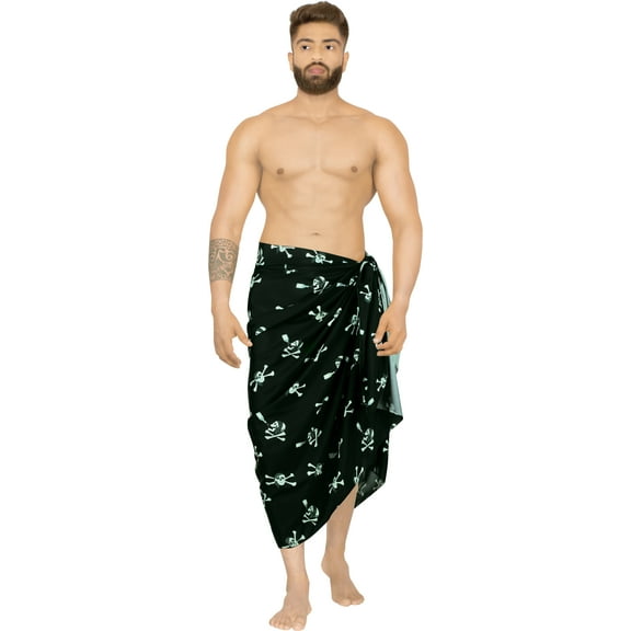 HAPPY BAY Men's Pareo Costumes Caribbean Pirate Skull Swim Trunks Swimwear Summer Sarong Full Beach Wrap for Men One Size Crossbones, Scary Black