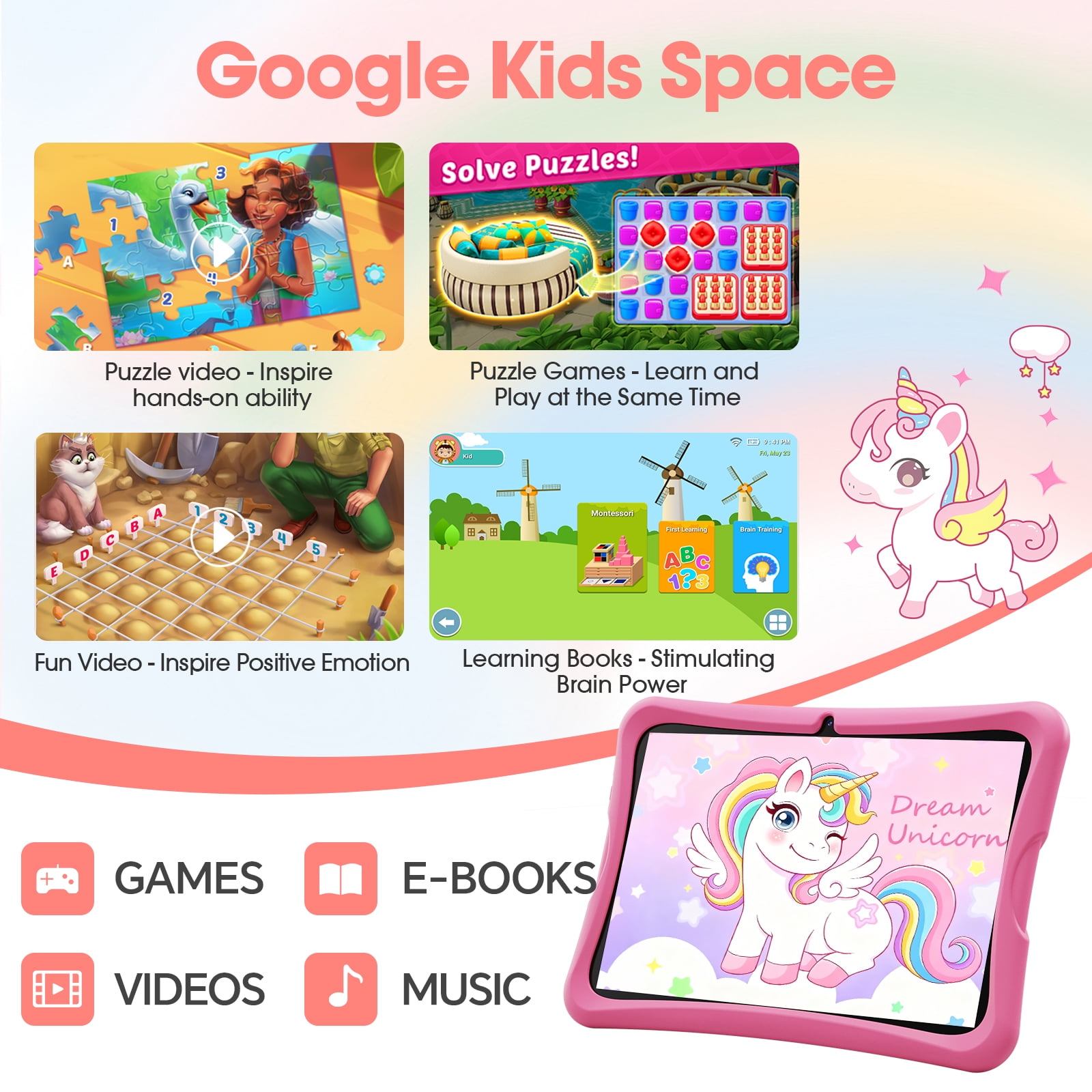 10.1 inch Android 15 Kids Tablets 2025,6GB RAM + 32GB ROM,Parent Control Kids Education Children Tablet with WiFi,Kid-Proof Case,Pink