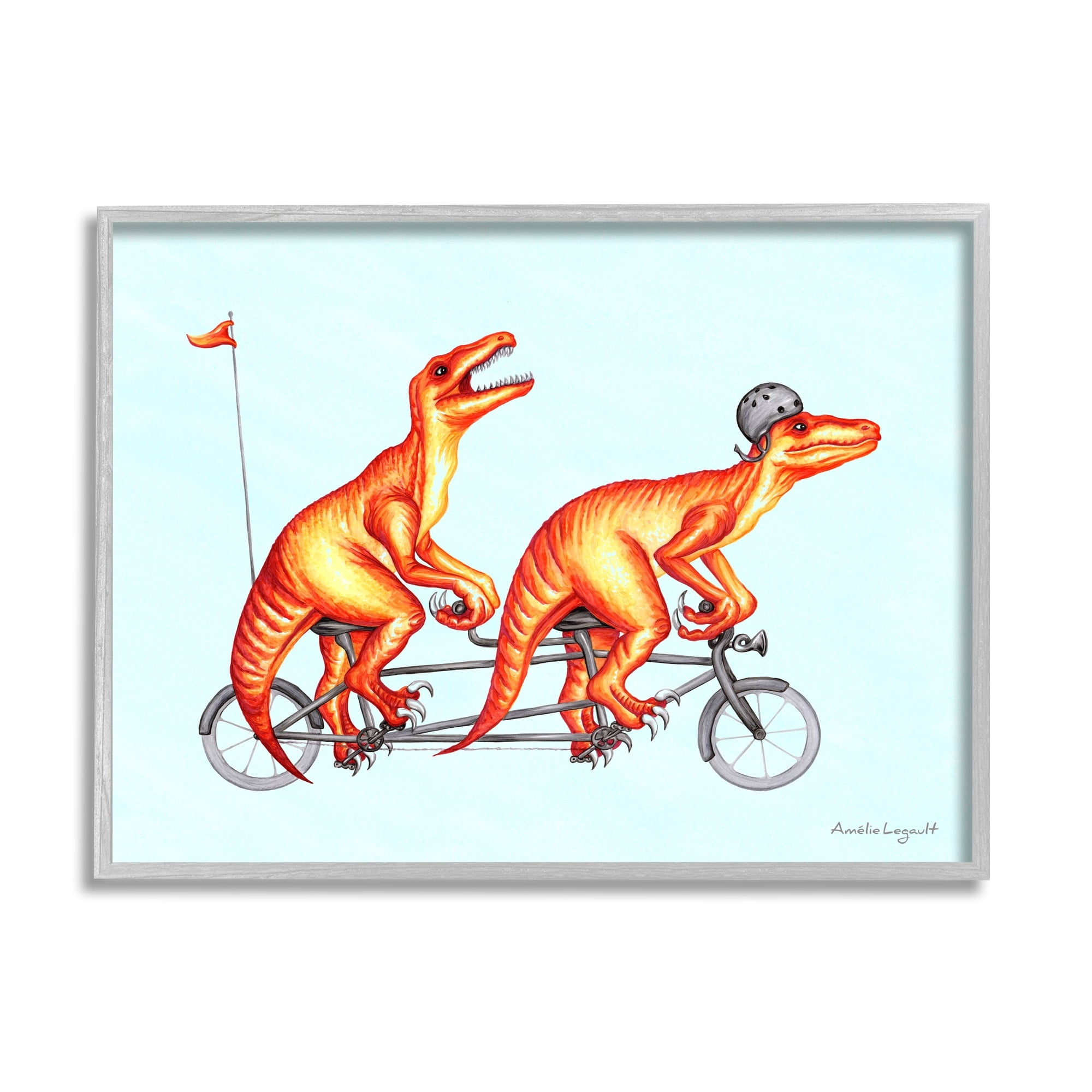 Stupell Industries Whimsical Red T-Rex Dinosaurs Riding Tandem Bicycle Graphic Art Gray Framed Art Print Wall Art, Design by Amelie Legault