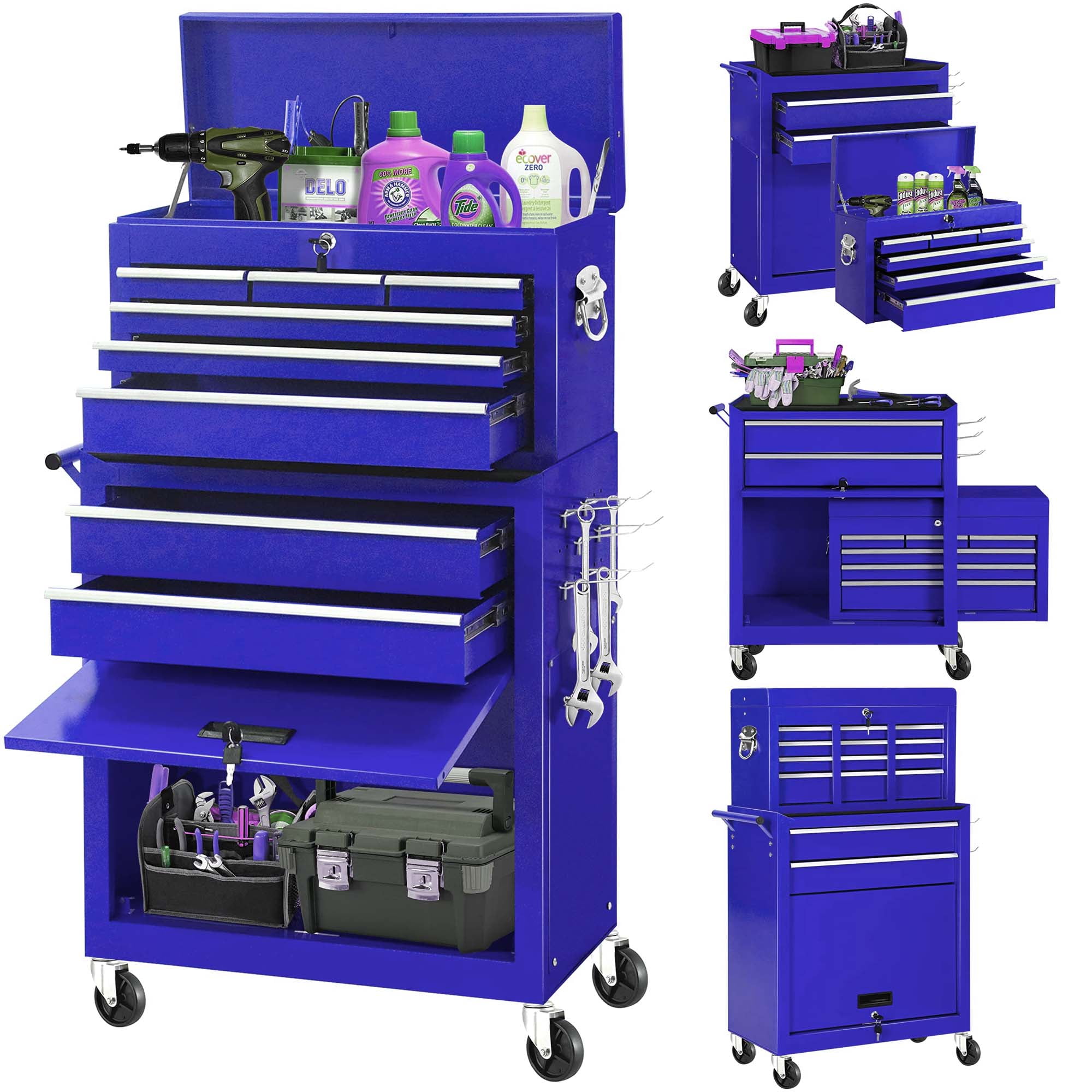 Aukfa Tool Box, 2 in 1 Steel Rolling Tool Chest & Cabinet On Wheels for Garage, 8-Drawer, Blue