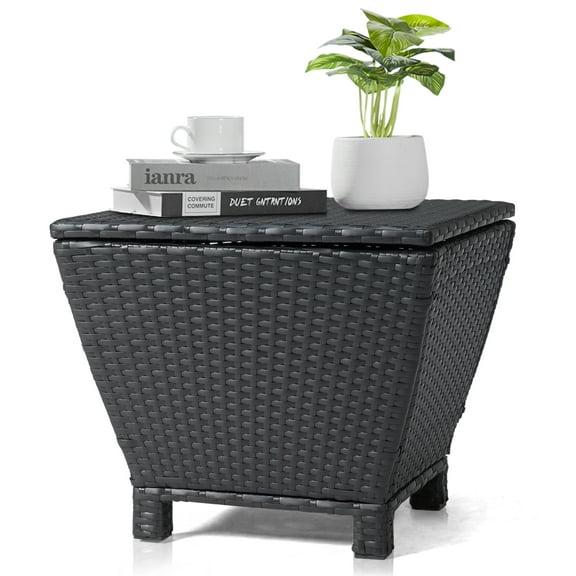 SUREGO Outdoor Storage Table with Lid, 13 Gallon PE Wicker Patio Side Table for Garden, Pool, Hose & Cushion, Black Rattan