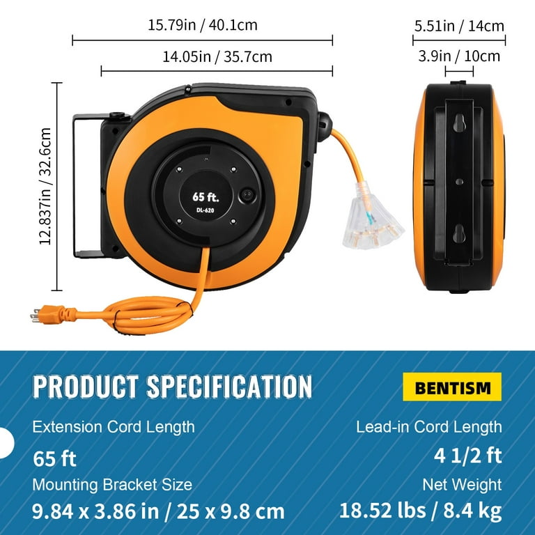 BENTISM Retractable Extension Cord Reel Power Cord Reel 65FT 12AWG