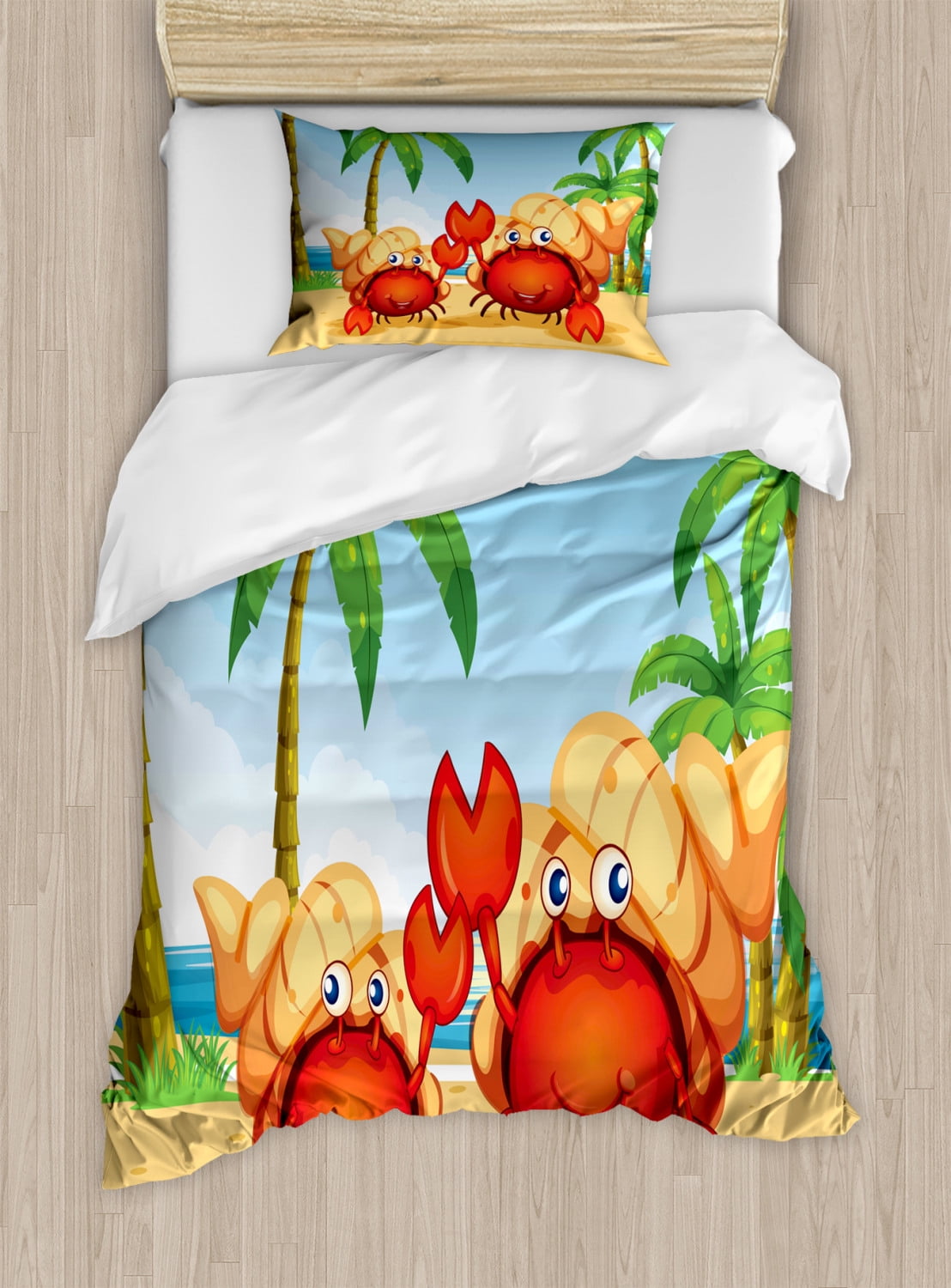 Hermit Crab Duvet Cover Set, Smiling Hermit Crabs with a Tropical Setting on the Background