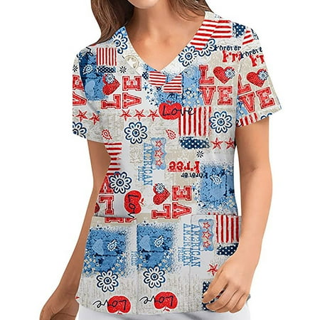 

Mchoice Women s Plus Size Tops Scrub_Top Cute Animal Floral Plant Printing V-Neck Workwear Uniform Holiday Tops Blouse on Clearance