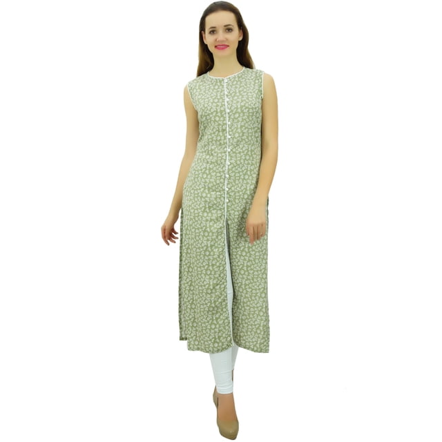 Phagun Tunique en Coton Imprimé Sans Manches pour Femmes Kurta Verte devant Coupé Kurti-6