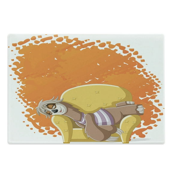 Sloth Cutting Board, Lazy Female Cartoon Sloth on Sofa Napping on Couch Dreaming Mascot Speech Bubble, Decorative Tempered Glass Cutting and Serving Board, Large Size, Orange Yellow, by Ambesonne