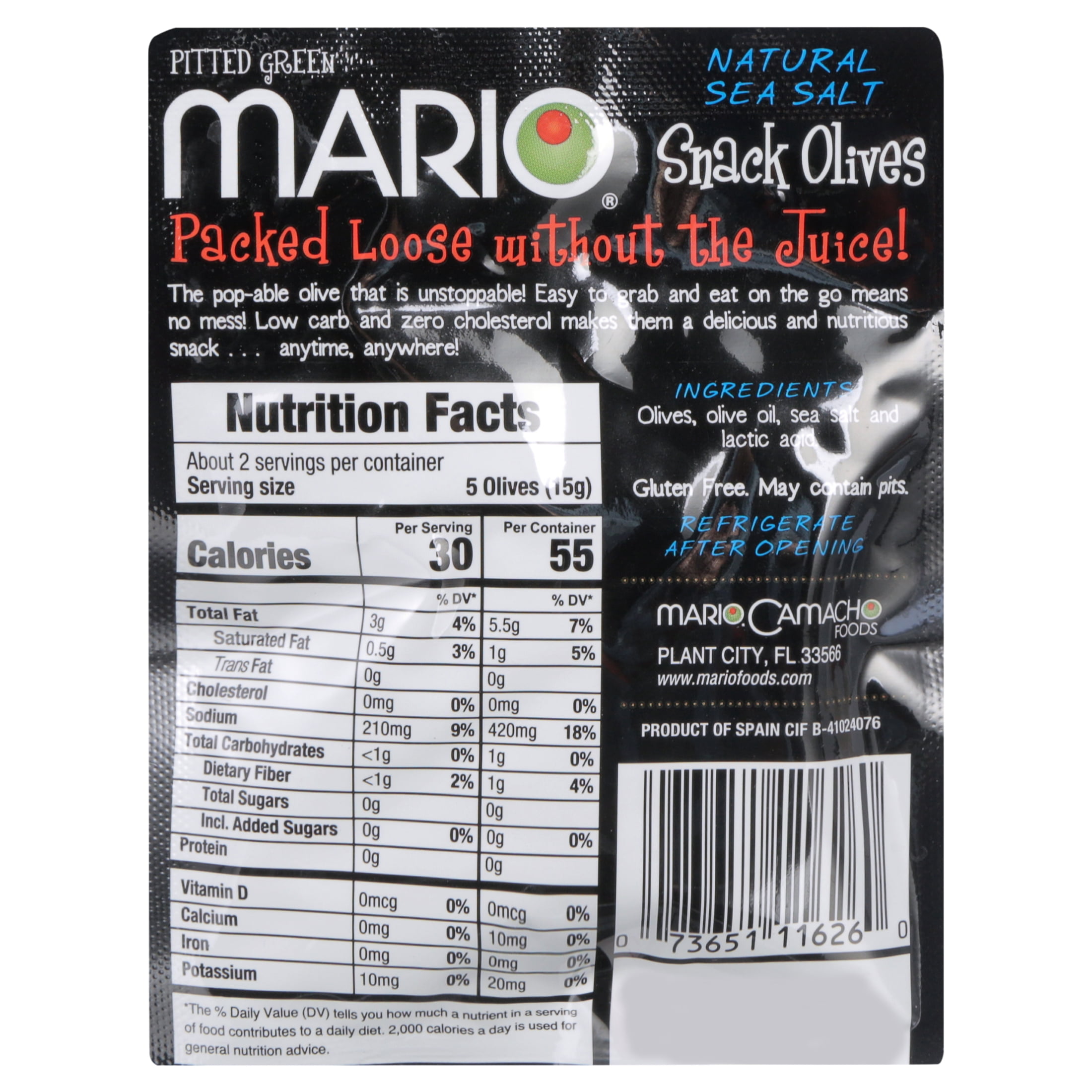 Mario Pitted Snack Olives Seasoned with Natural Sea Salt, 1.05 oz, 12 Ct