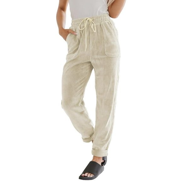 Beige Sweatpants Women's Solid Color Corduroy Drawstring Elastic Tie Casual Loose Pants