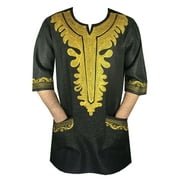 GenOne African Traditional Dashiki Khadi Blouse Double colors Like Mud Cloth Style Wedding Party Shirt Black, L