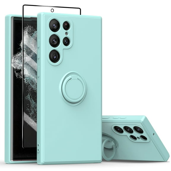 Allytechgroup Galaxy S24 Ultra Case with Tempered Glass Screen Protector, Support Fingerprint Unlock Ring Holder Stand Compatible with Car Mount Shockproof Case for Samsung Galaxy S24 Ultra, Lightcyan