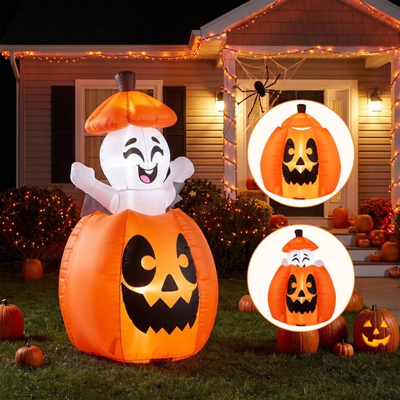 Costway 5 FT Animated Halloween Inflatable Pumpkin & Rising Ghost with Built-in LED Lights Orange White