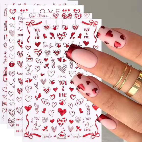 Pegatinas para decoración de uñas BSBTBZ para el Día de San Valentín, diseño de corazón rojo, 4 unid