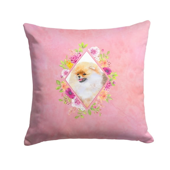 Carolines Treasures CK4170PW1414 Pomeranian 2 Pink Flowers Fabric Decorative Pillow  14Hx14W multicolor