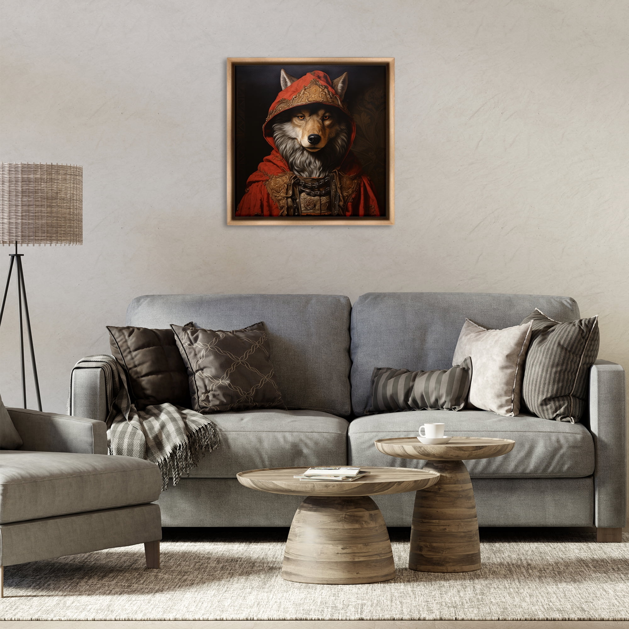 Stupell Industries Wolf with Red Cloak Animals & Insects Painting Brown Floater Framed Canvas Art Print Wall Art, 25 x 25
