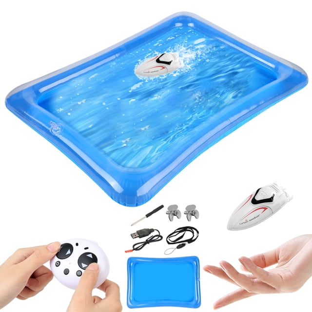 EGNMCR Mini RC Boats For Kids Remote Control Boats With LED Lights 2.4G RC Electric Rechargeable Boats With Inflatable Swimming Pool RC Boat Birthday Gifts for Kids