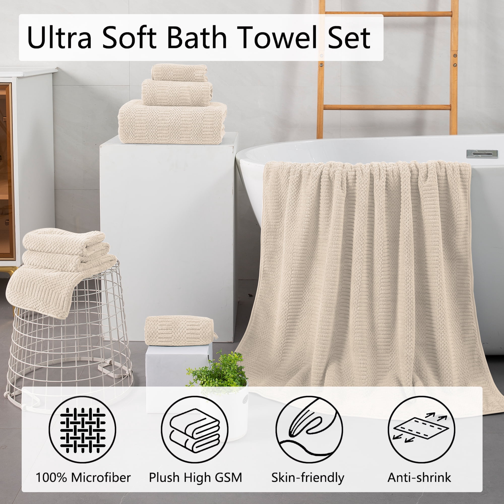 Jessy Home 8 Piece Towel Set Oversized Soft Cozy Towels 600 GSM Camel Plush Towel Set